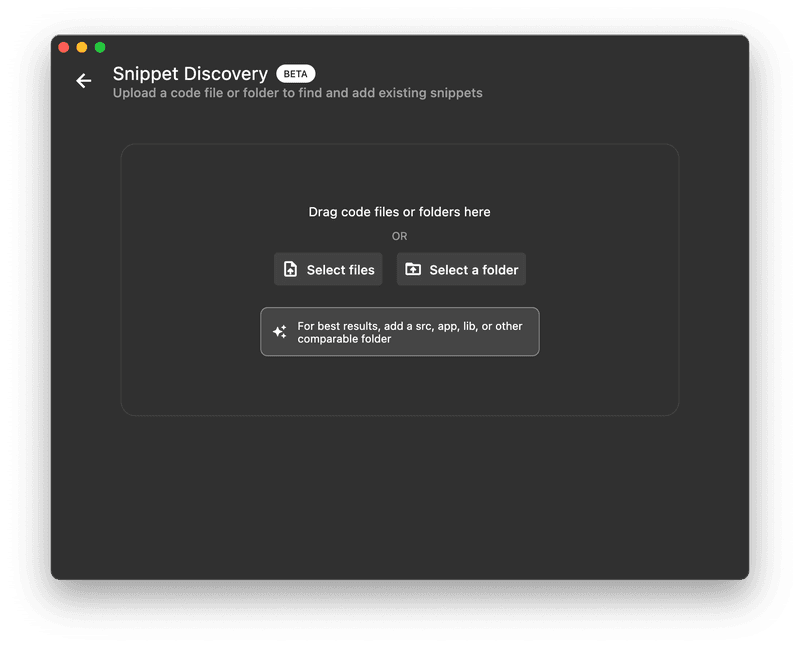 The menu where you can select or drag a file to Snippet Discovery.