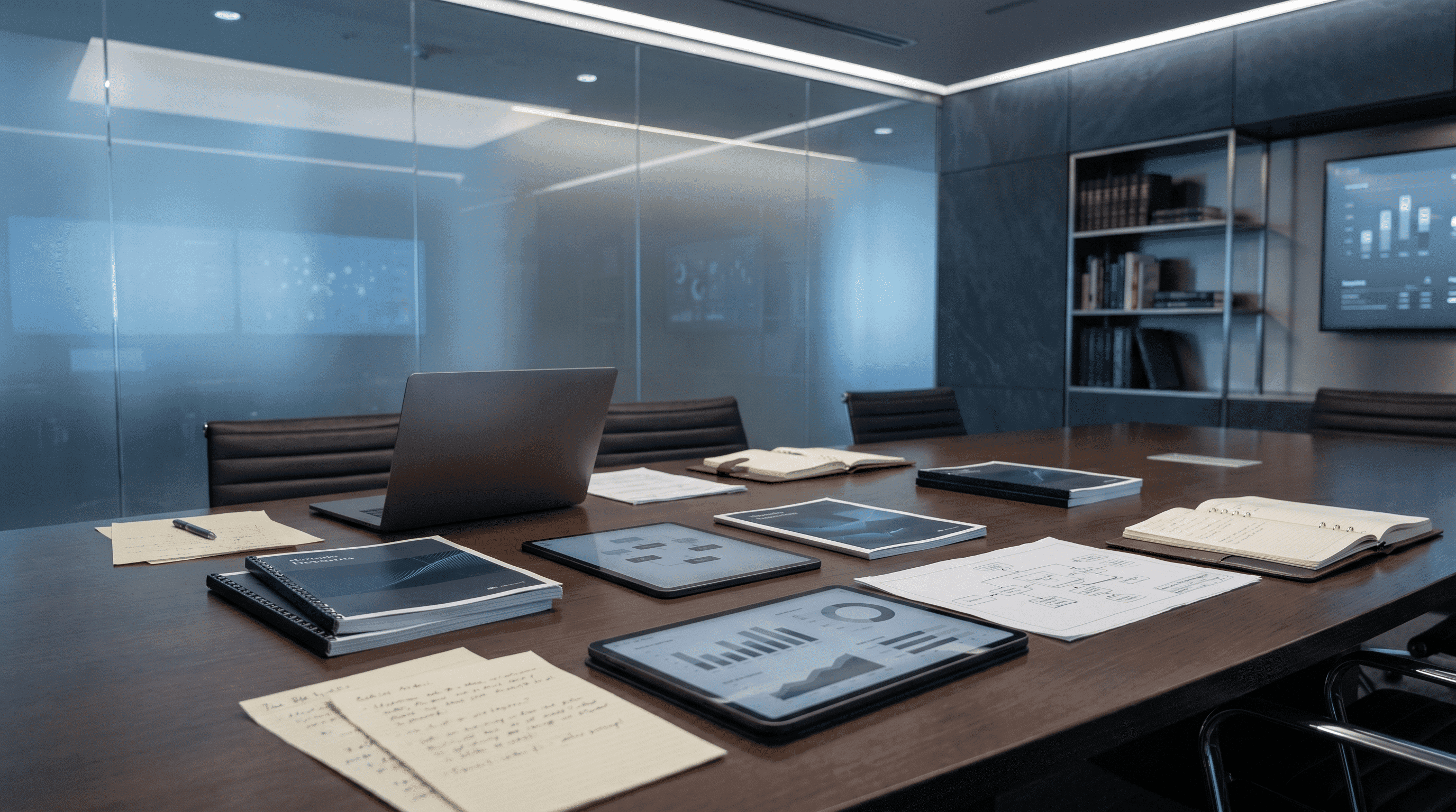 Embedded analyst retainer decision represented by a premium advisory table with KPI reports, dashboard materials and institutional blue lighting.