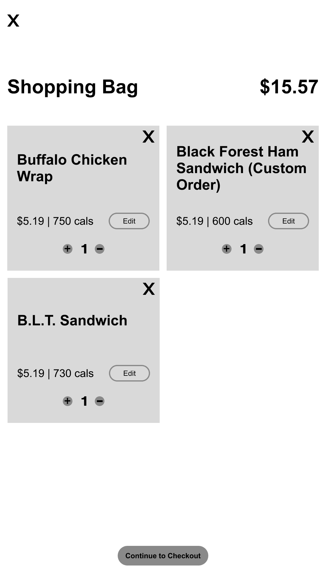 Wireframe design of the shopping cart screen.