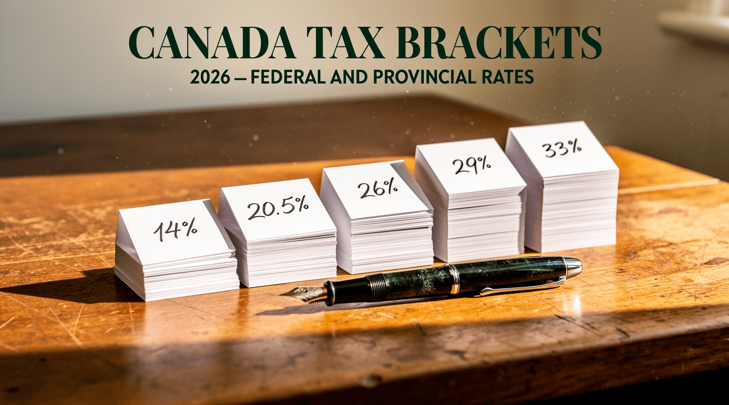 Editorial composition showing five graduated bracket stacks with "Canada Tax Brackets 2026" title overlay.