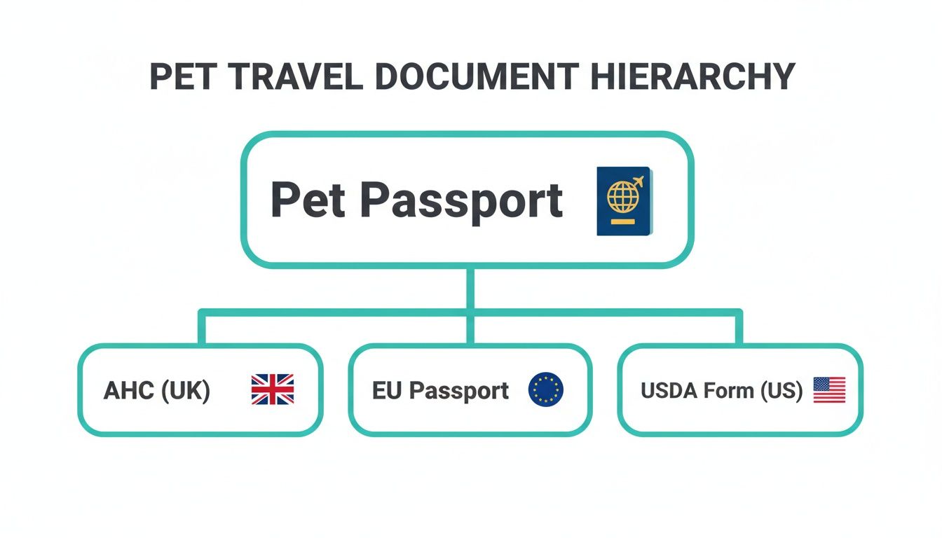 Hierarchy chart illustrating pet travel documents: Pet Passport, AHC (UK), EU Passport, and USDA Form (US).