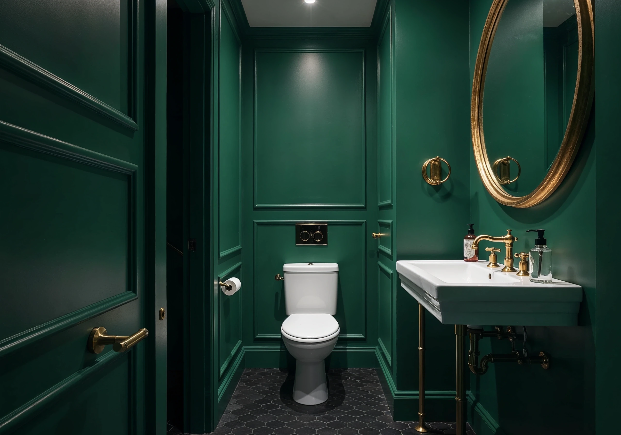 Small powder room with bold emerald green walls, brass accents, and vintage mirror