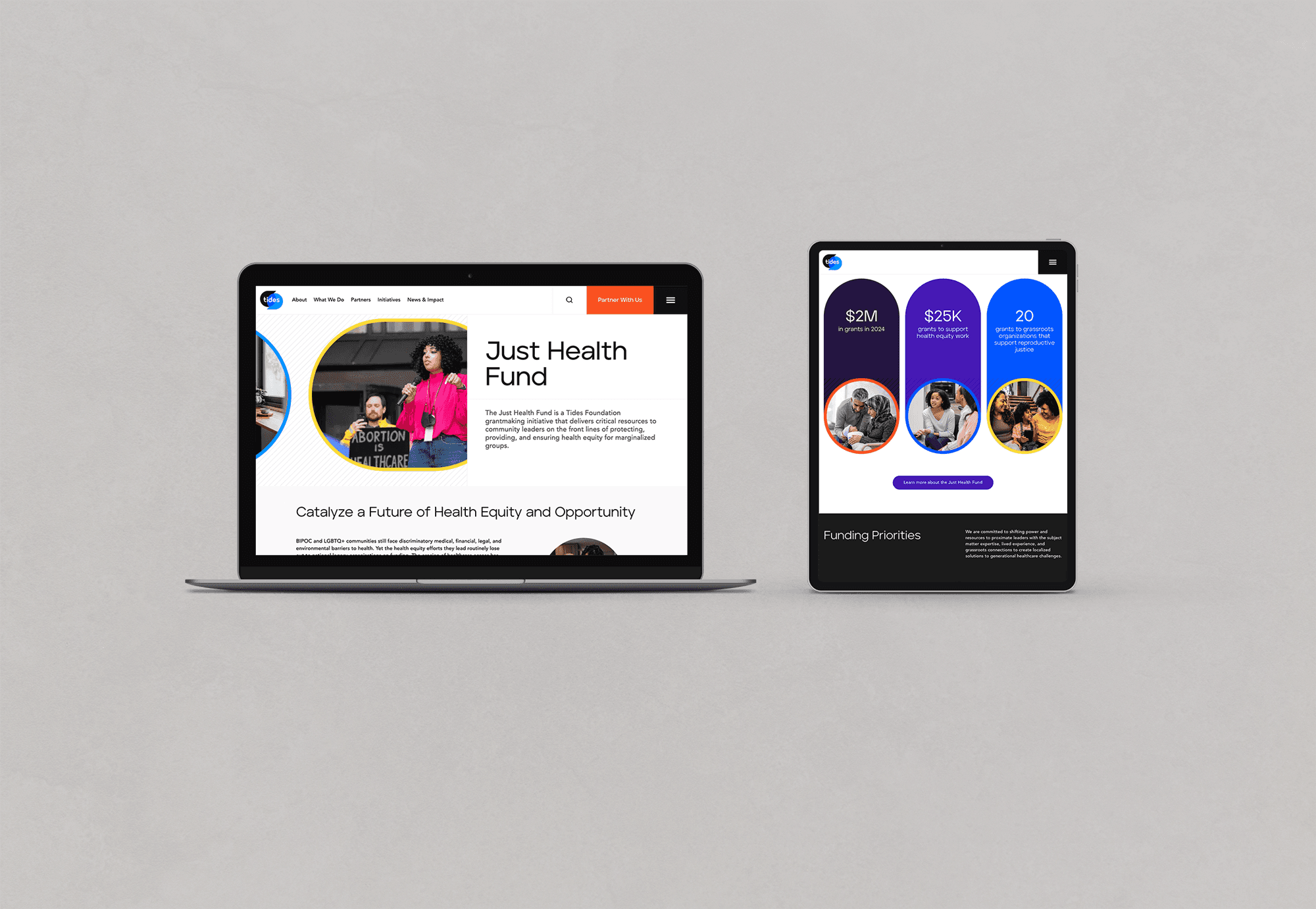 Tides.org Just Health Fund webpage, displayed on laptop and tablet screens, click on image to visit webpage.