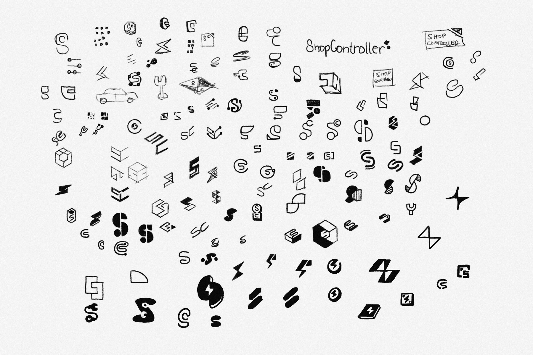 A collection of various logos and symbols, including a prominent "S" symbol, are displayed in a black and white format. The logos are arranged in a somewhat random manner, creating a visually interesting and diverse display.