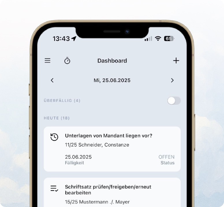 screenshot des Dashboardes der Actaport App