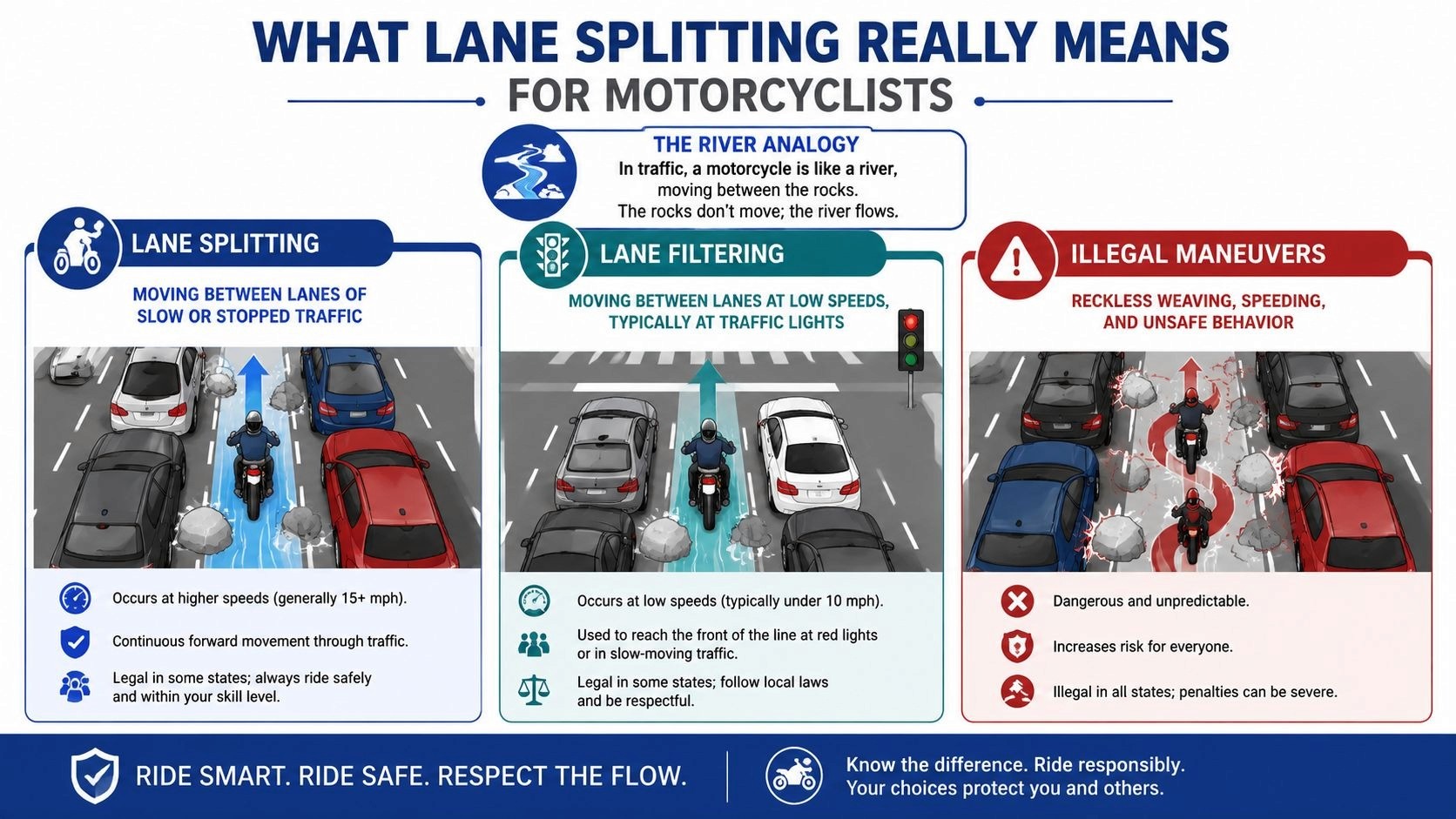 An infographic titled What Lane Splitting Really Means for Motorcyclists, comparing lane splitting, lane filtering, and illegal maneuvers.