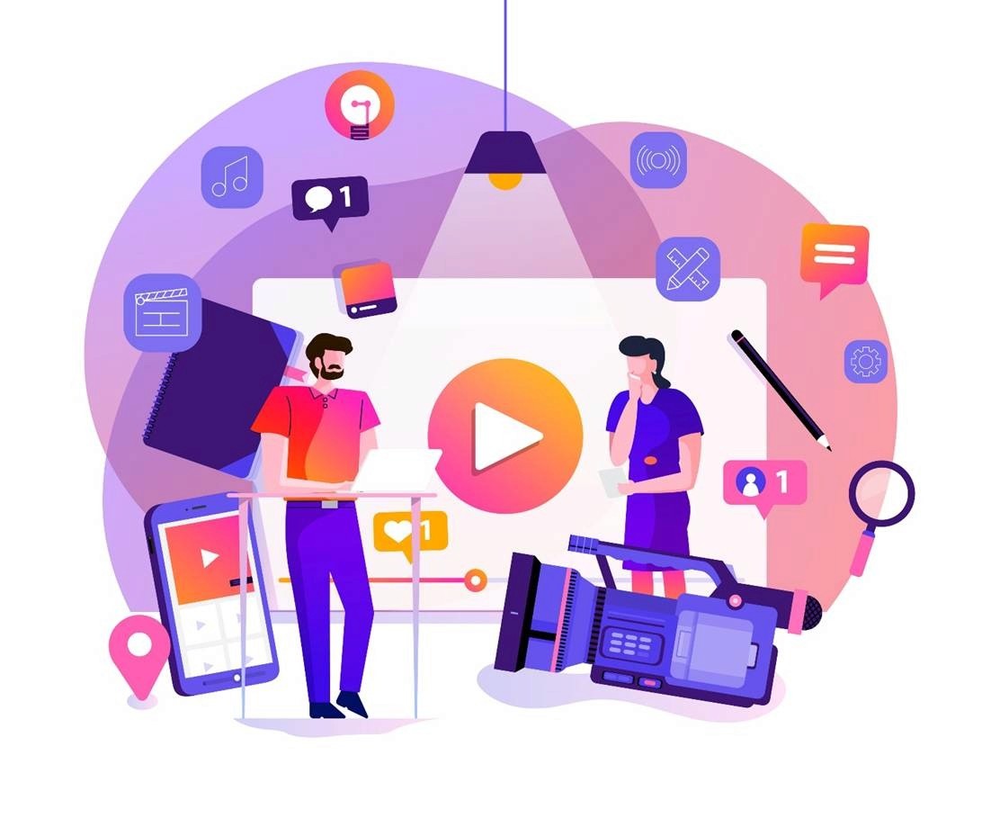 Two creators producing video content with a camera and laptop surrounded by social media app icons