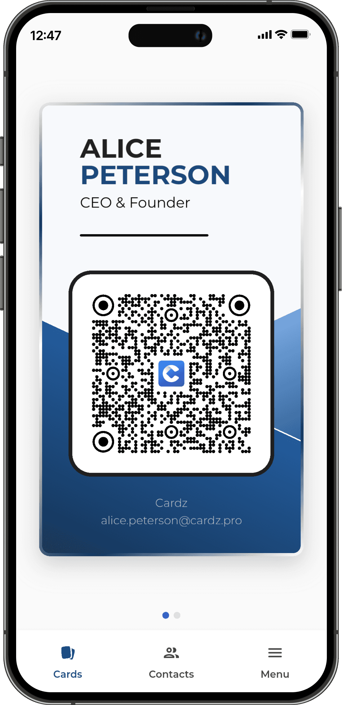App screenshot of Cardz, that shows a digital business card