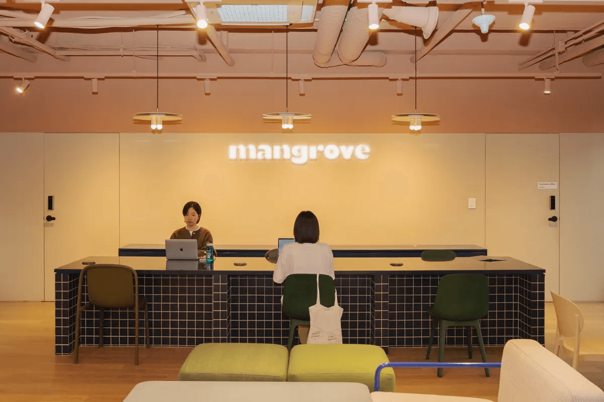 A woman with her hair tied back smiles while reading an open book in the library at Mangrove Sinchon.