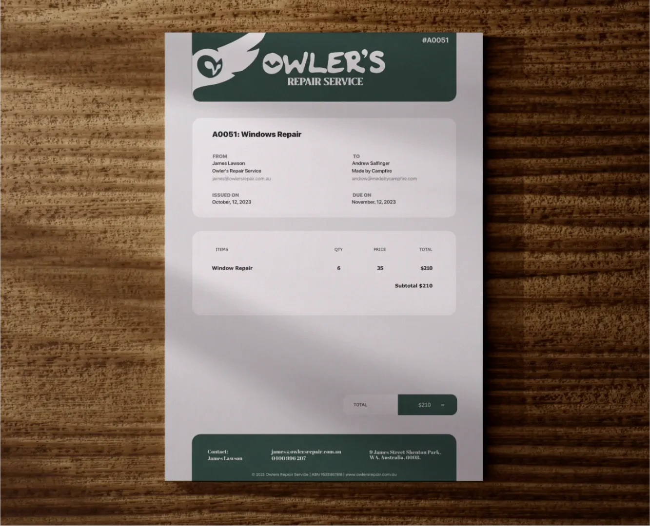 Custom business card design for Owler's Repair Service by Made by Campfire, featuring a minimalist owl icon and professional layout on a geometric stone mockup.