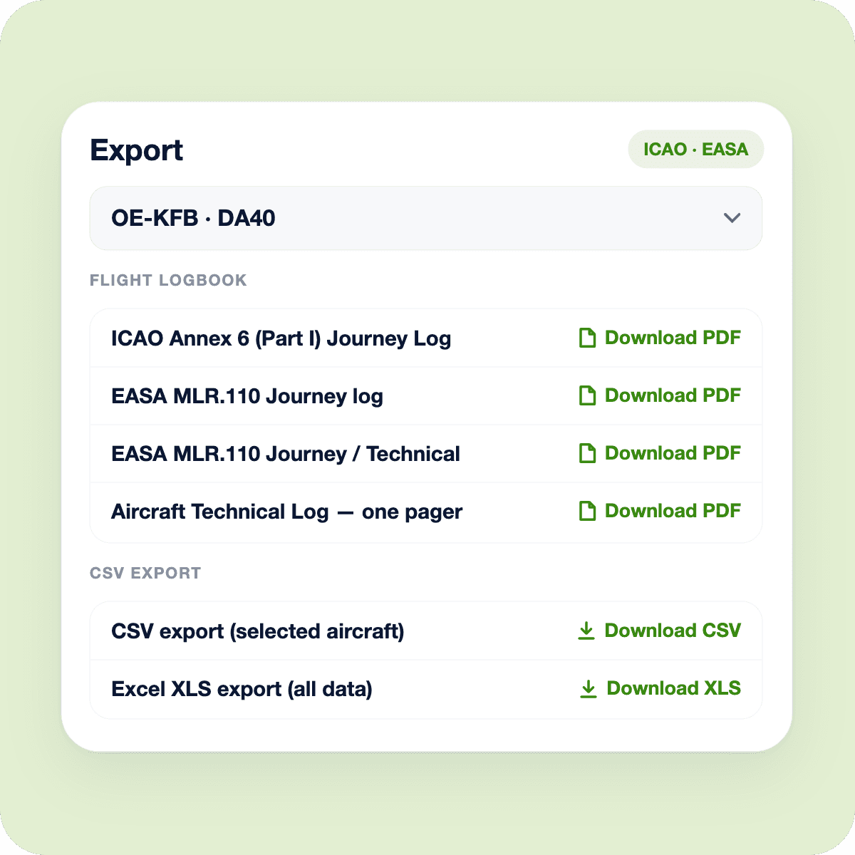 ICAO and EASA-compliant journey log generated in FLYLOG.io