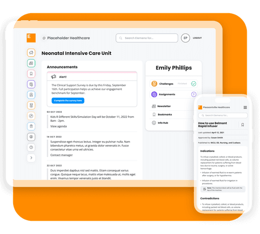 A digital dashboard from Placeholder Healthcare displays announcements and assignments for a neonatal intensive care unit, alongside a mobile view of a related app, both on a bright orange background.