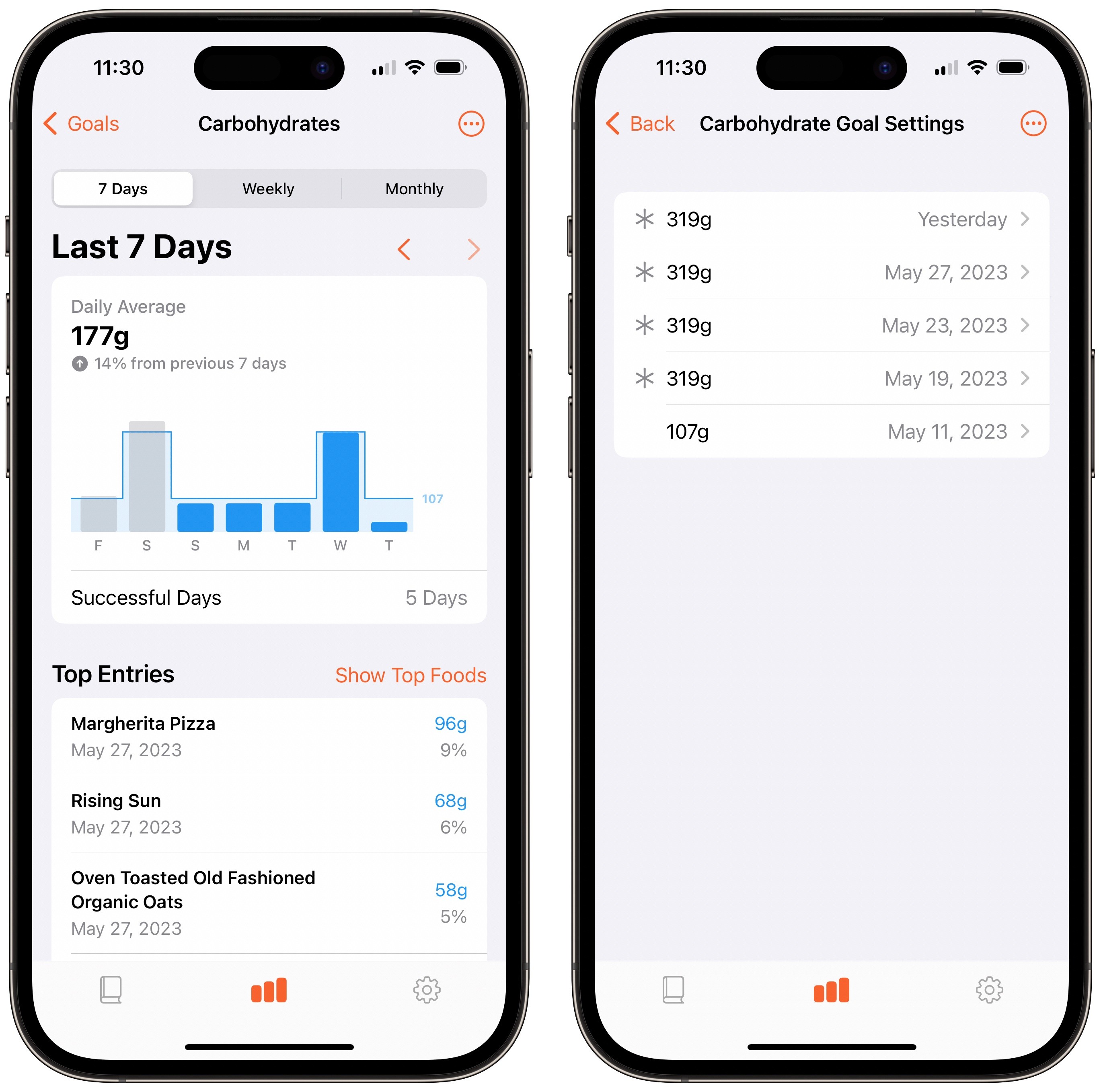 Two screenshots: one of the carbohydrate goal screen with fluctuating goal amounts and the other showing a screen that shows the history of the goal's settings and exceptions