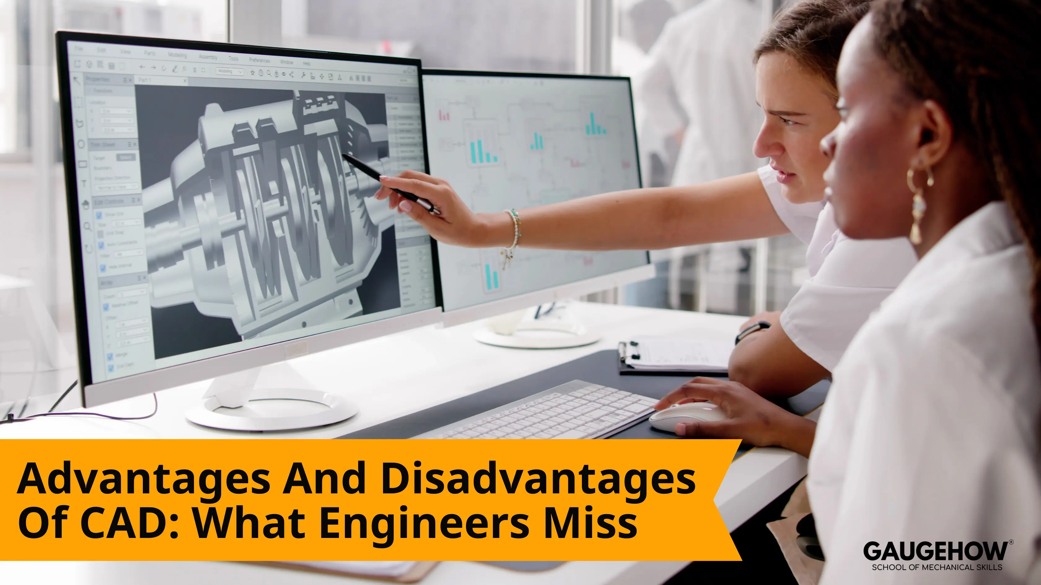 Engineers reviewing a CAD assembly on dual monitors for CAD 