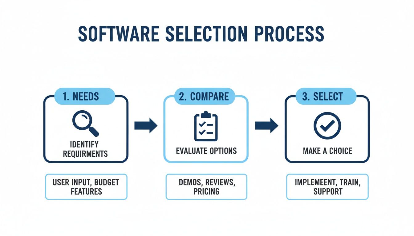 Flowchart illustrating a three-step software selection process: Needs, Compare, and Select, with key considerations for each.