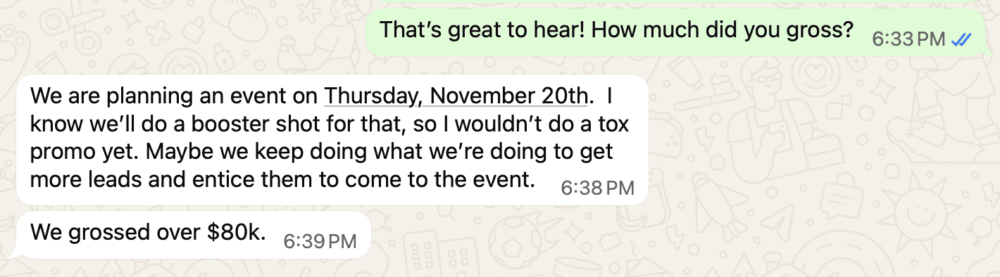 Forever Booked funnel results for Aesthetic Solutions fall event generating $40,000 in sales plus $9,000 from booster shot campaigns October 2024