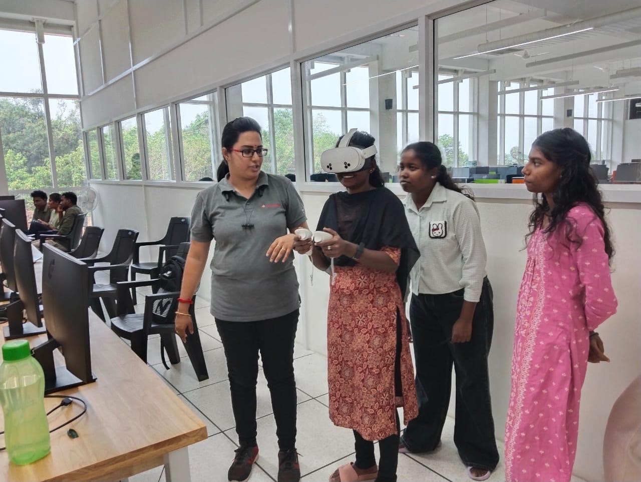 Learner using a VR headset with mentor guidance