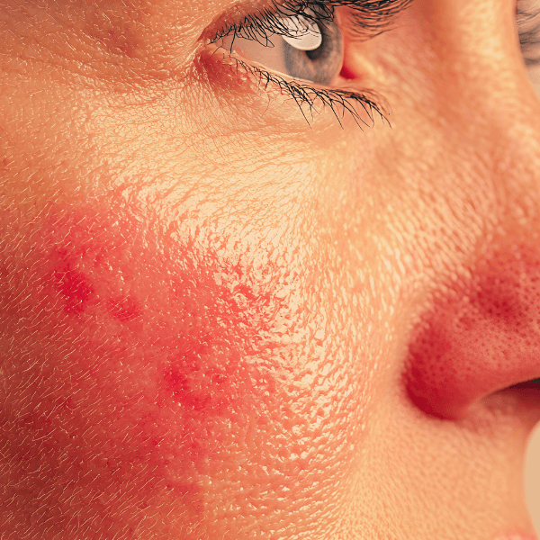close up of woman with skin irritation on her cheek