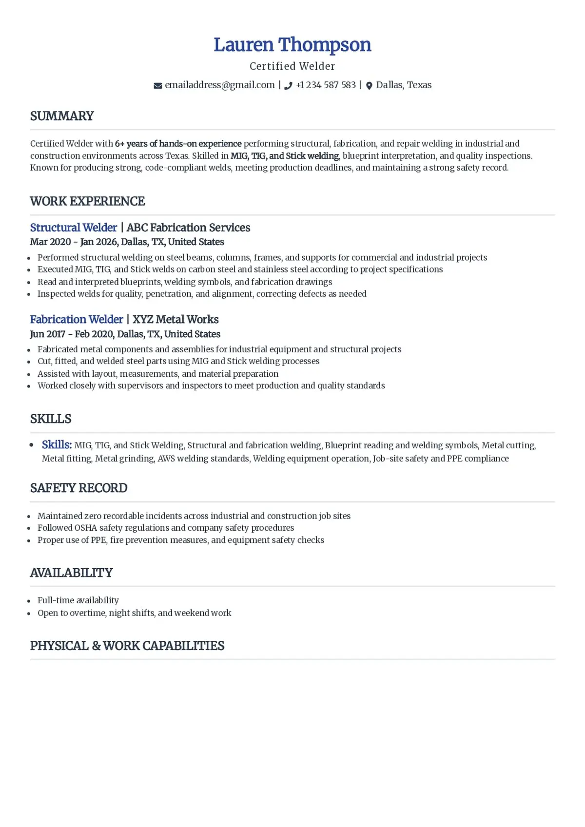 Welder Resume Example