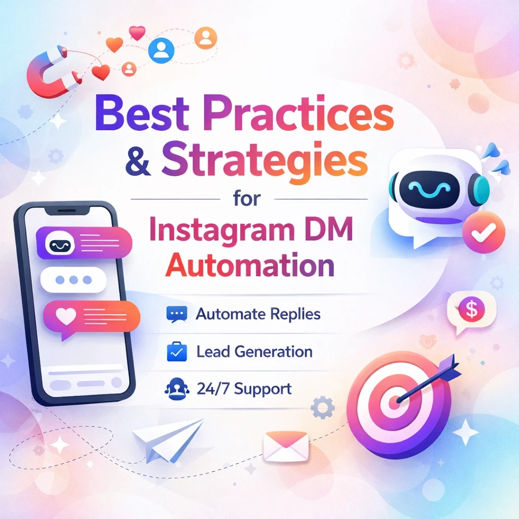 “Modern blog cover design for ‘Best Practices & Strategies for Instagram DM Automation’ featuring a smartphone with automated chat messages, chatbot icons, lead generation symbols, and a light pastel gradient background with clean, modern UI/UX elements.”