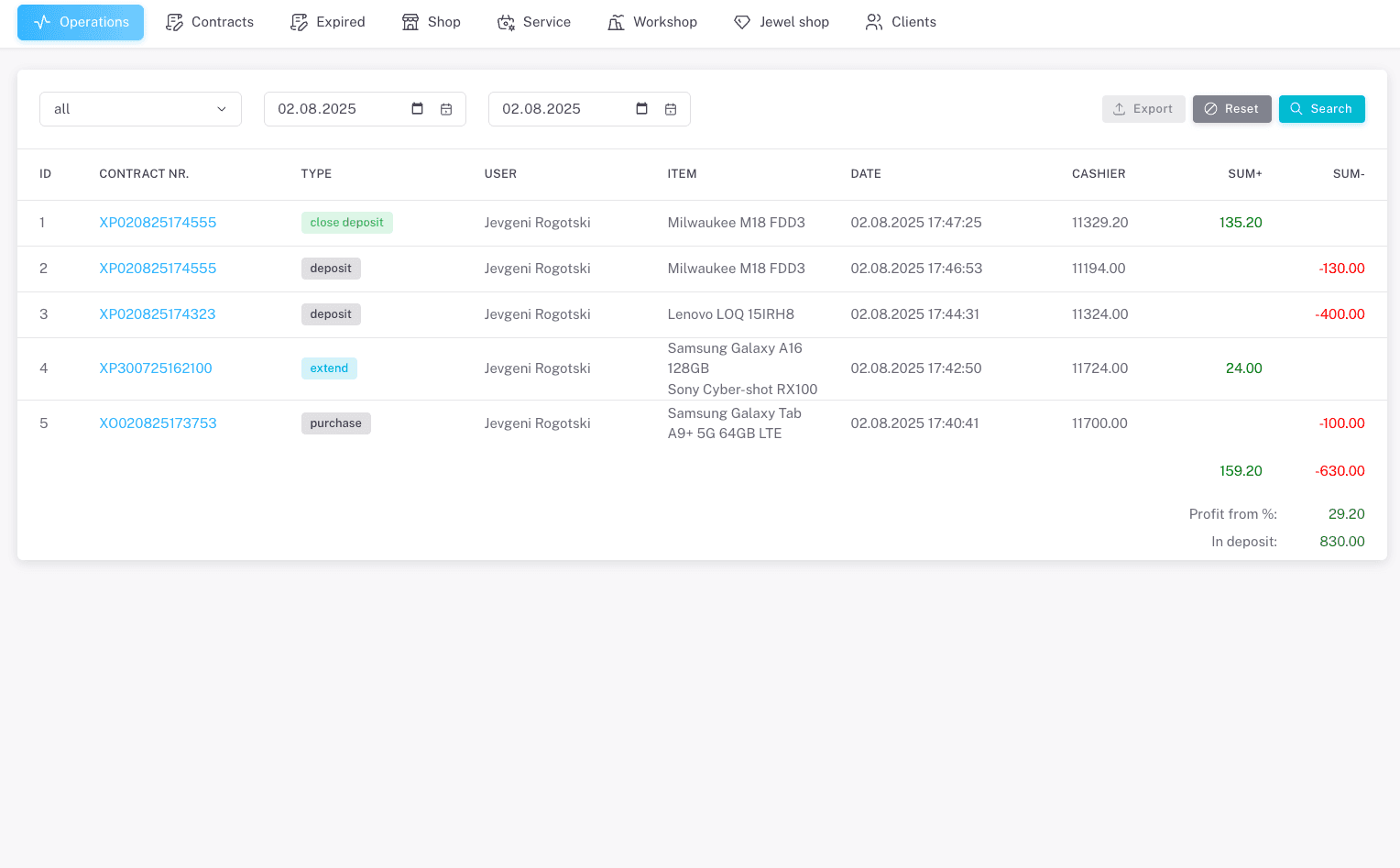 Operations tab showing the transaction log and cash register for the day