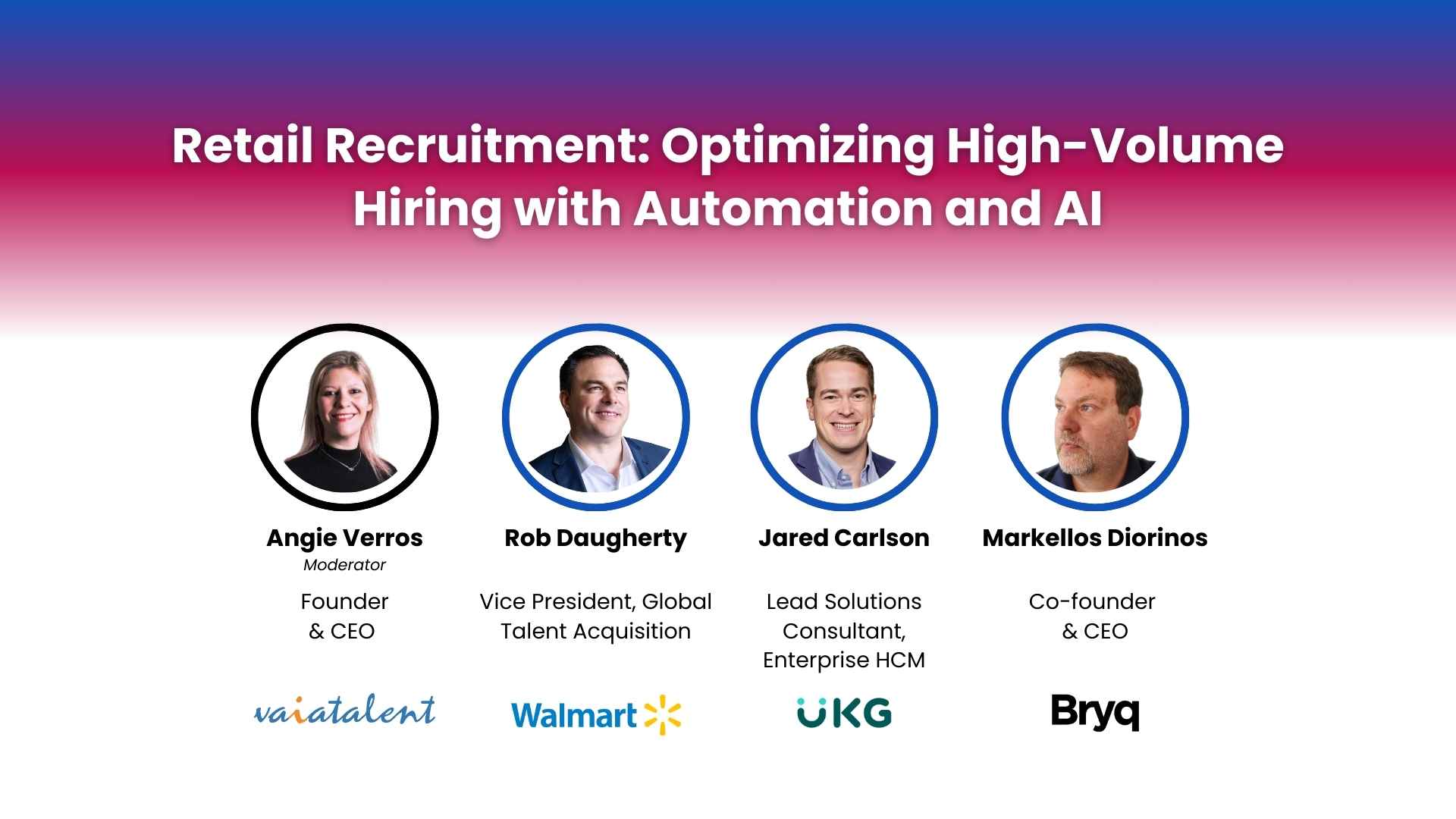 Webinar promotional banner titled "Retail Recruitment: Optimizing High-Volume Hiring with Automation and AI," featuring speakers' names, photos, roles, and company logos, scheduled for November 21, 2024, with a "Register now" button.