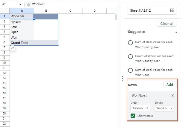 Set Up the Pivot Table for Deals Lost and Won