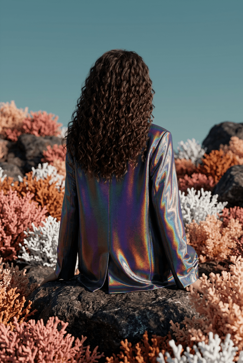 Editorial visual – figure in iridescent pearlescent attire seen from behind, standing in a surreal coral landscape of pink, orange and white formations, reflected in shallow water under a soft blue sky.