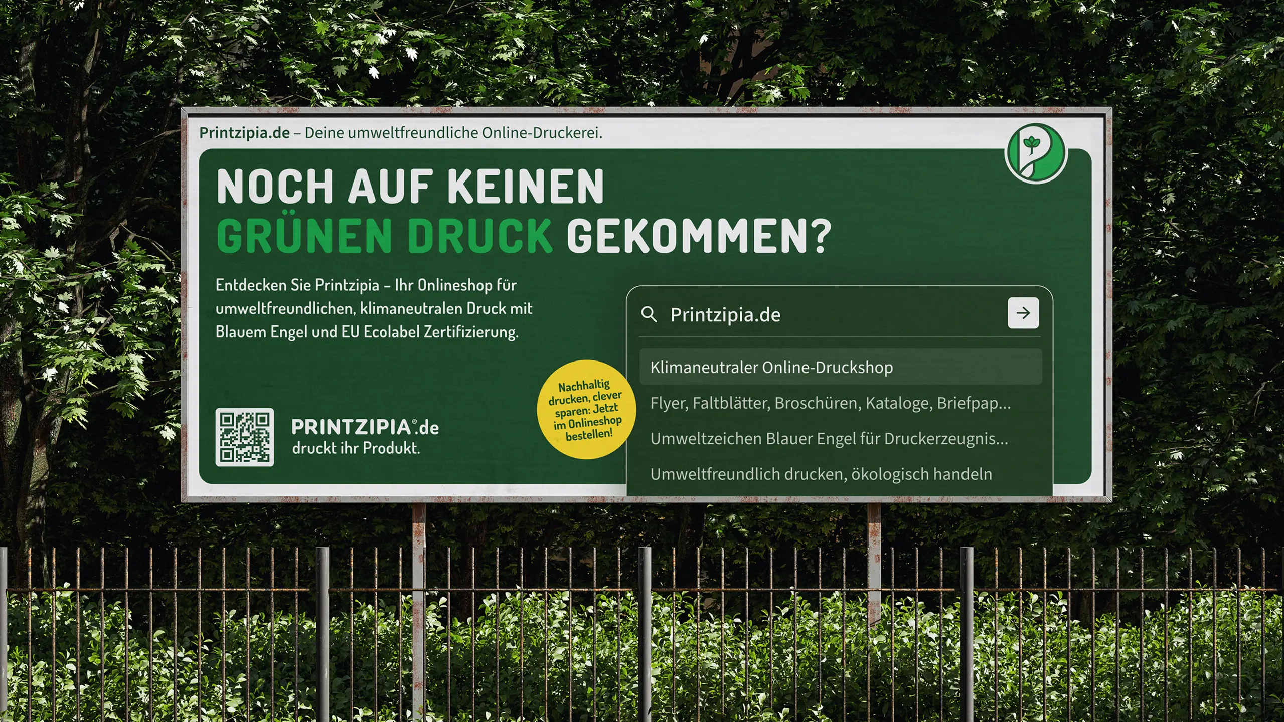 Grüne Außenwerbung Printzipia mit Suchmaske und Öko-Zertifizierungen