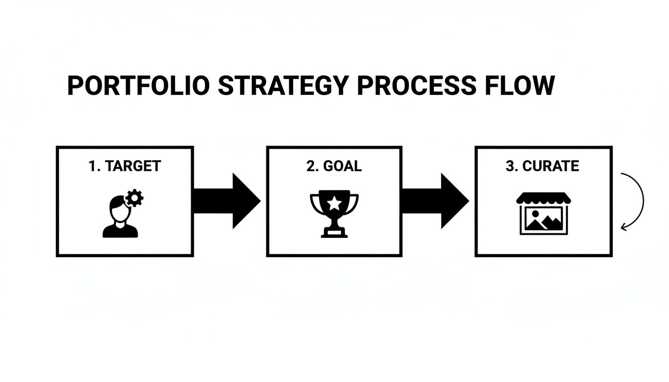 Diagram illustrating a portfolio strategy process flow with three steps: target, goal, and curate, featuring a feedback loop.