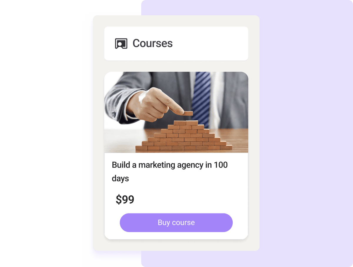 Screenshot of a marketing course inside a Wylo-powered community, featuring course title, instructor name, and progress tracker.