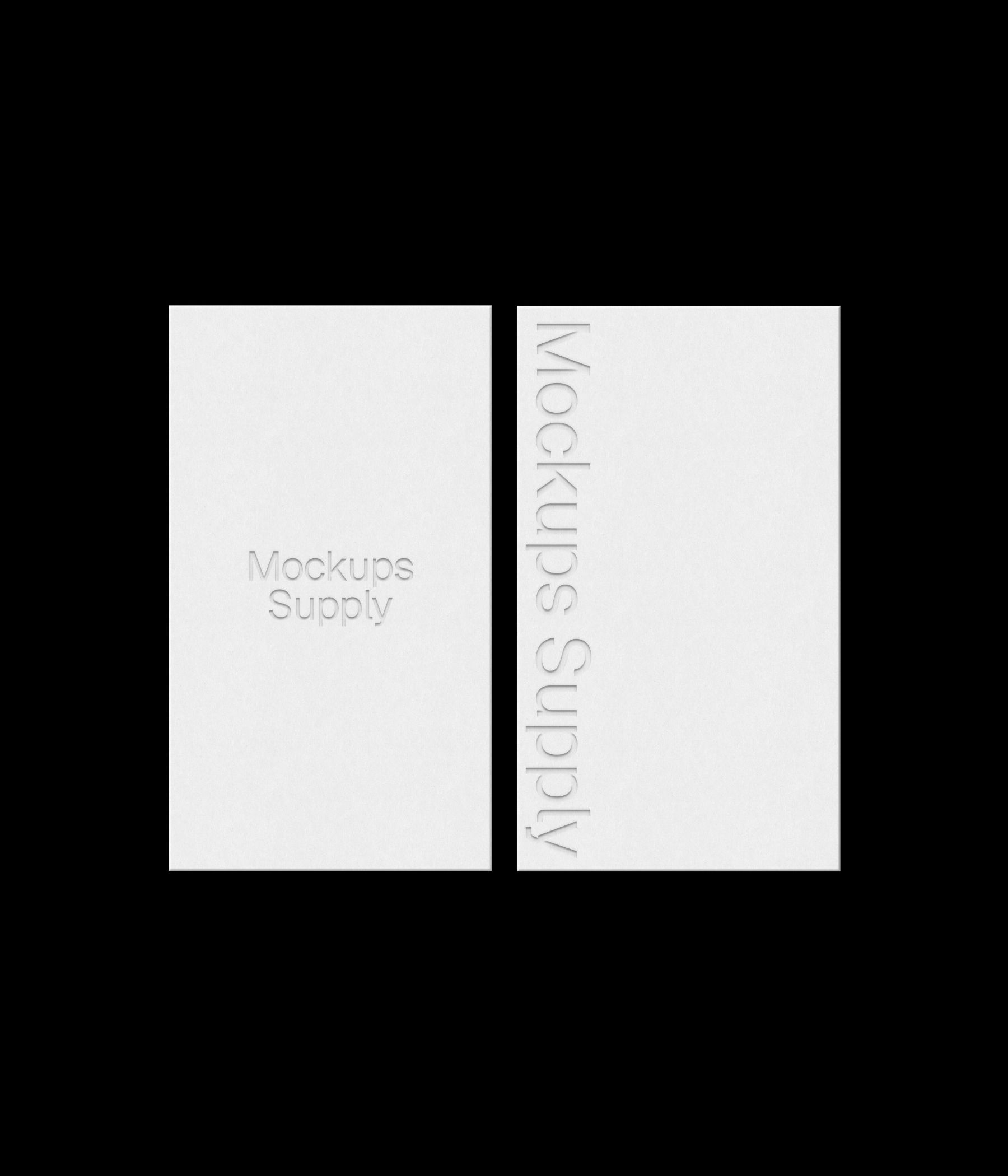 2 US Canada business card mockup portrait for Photoshop with debossed text effect, white cards on black background, minimal branding and stationery presentation