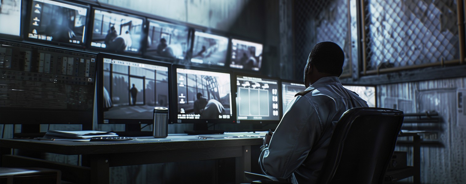 A security officer uses AI-powered computer vision to monitor multiple camera feeds in a correctional facility.