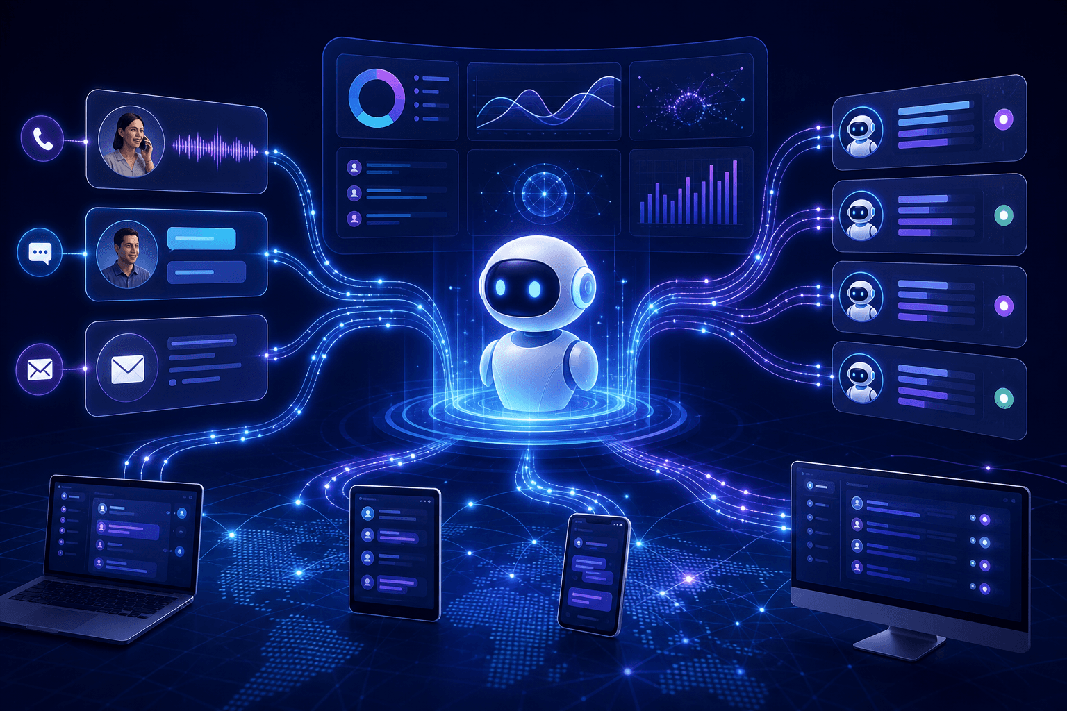 A futuristic digital dashboard showing an autonomous AI agent processing multiple customer support tickets simultaneously across voice, chat, and email channels, with glowing network connections and data streams flowing between devices, clean modern interface with blue and purple tones, no text or labels