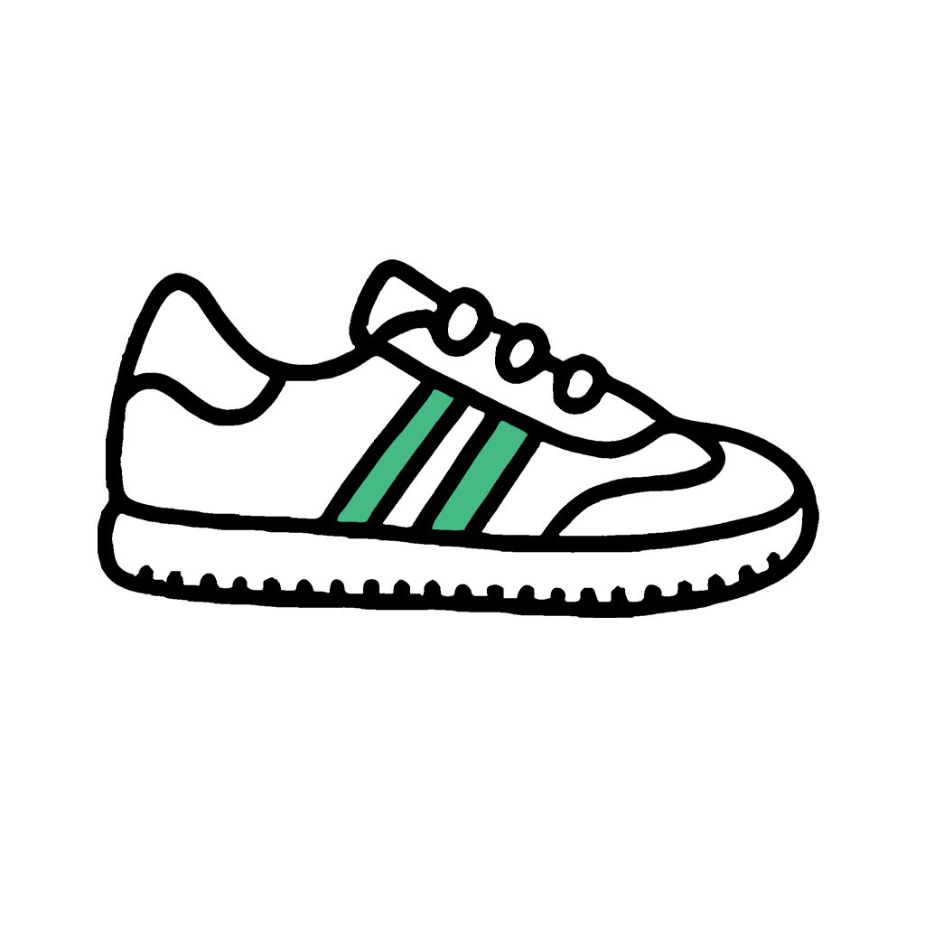 Ilustração em traço preto de um tênis casual com detalhes laterais.