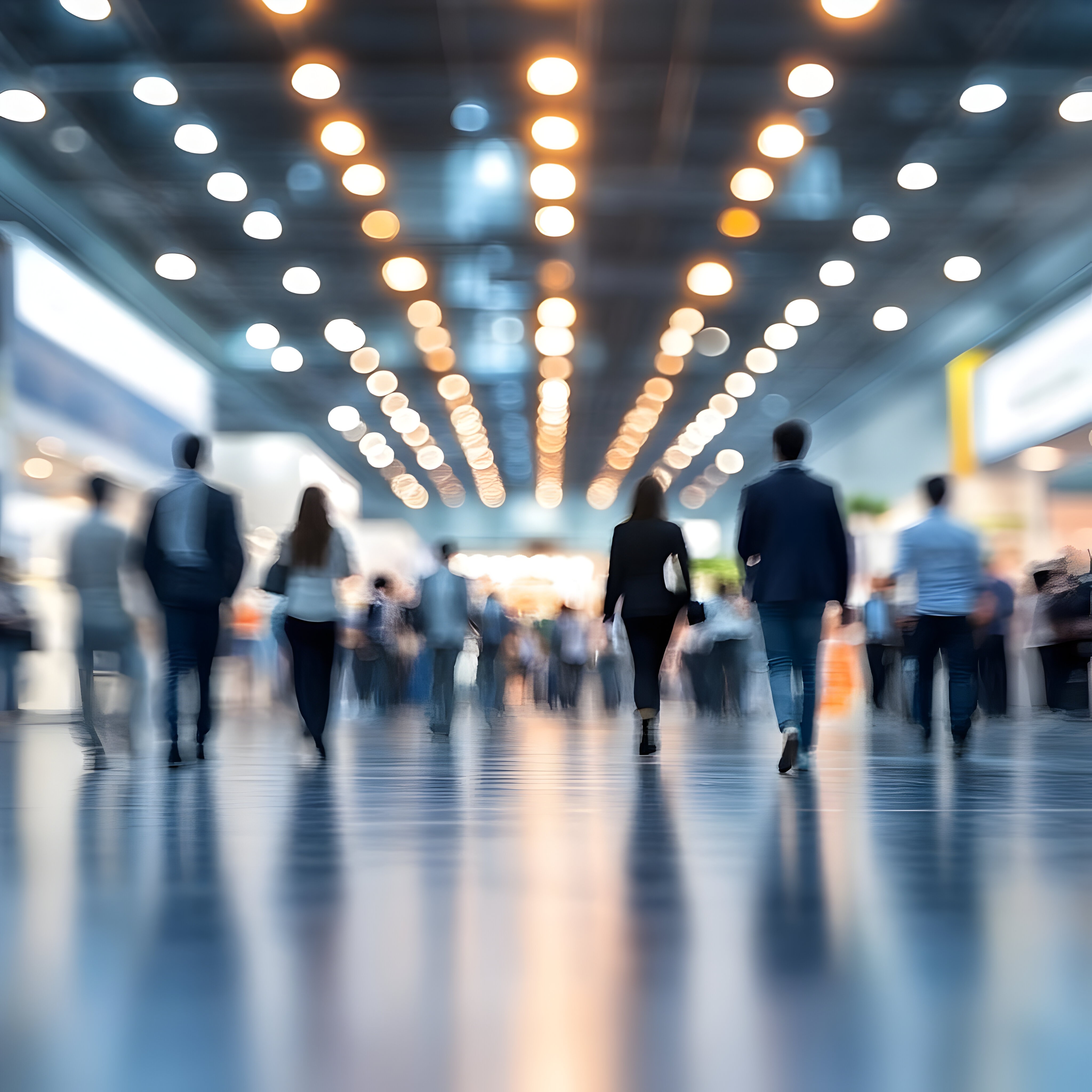 photograph of a bustling trade fair or exhibition hall
