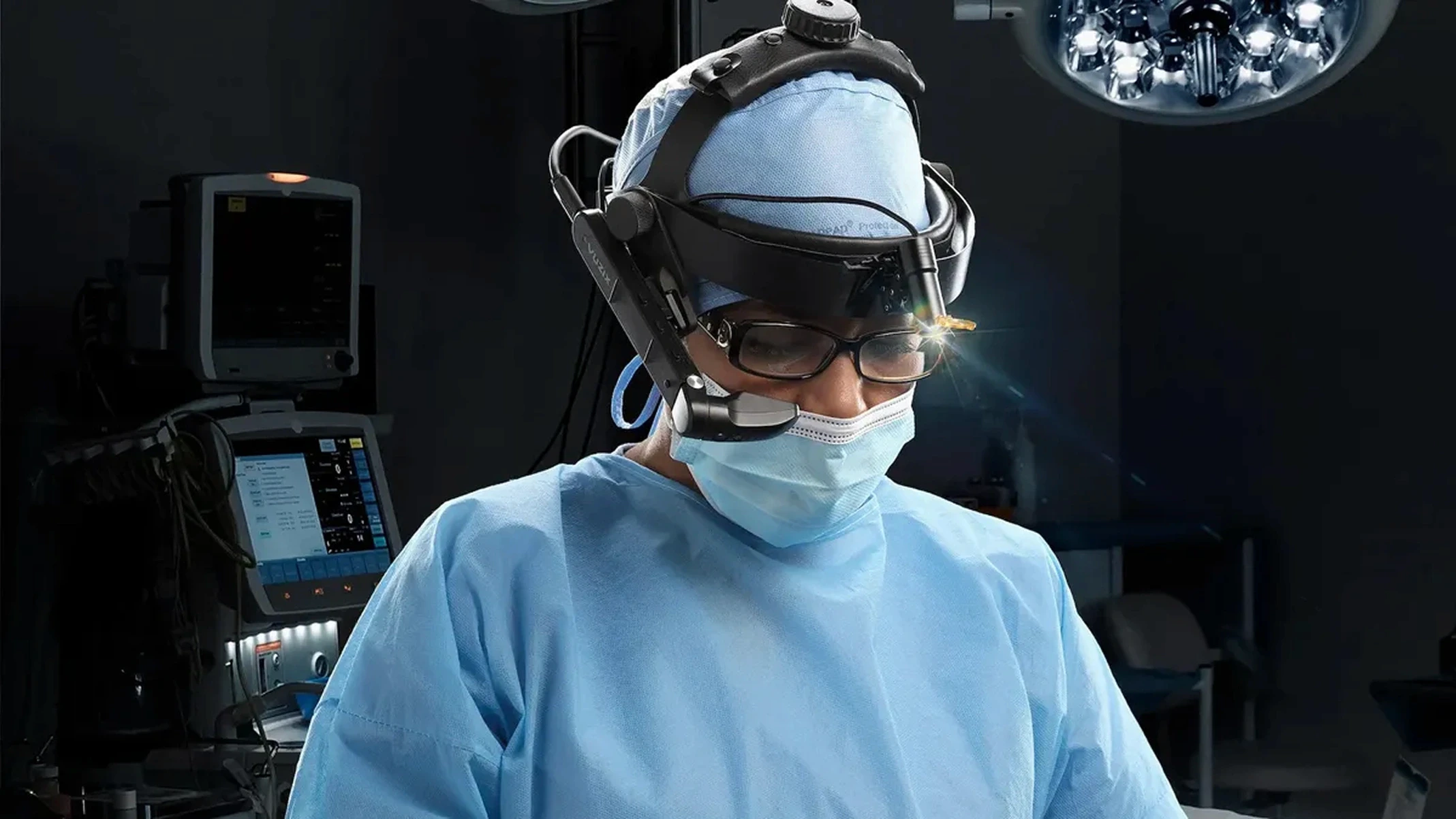 AI-powered smart glasses validated for clinical use in sterile operating room workflows and surgical procedures.