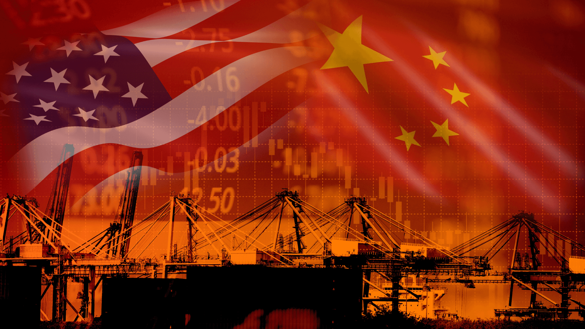 US and Chinese flags with shifting trading market numbers, a bar chart in the corner, and some oil drilling machines at the bottom.