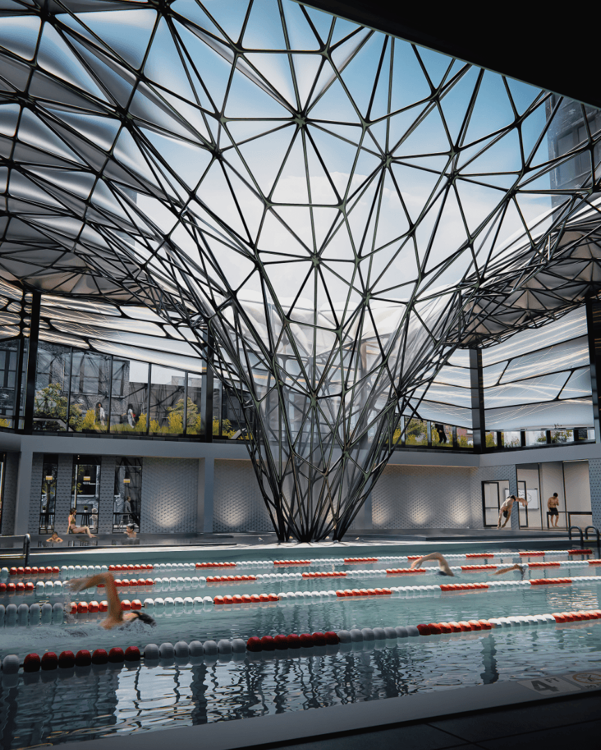 Interior perspective of the swimming hall.