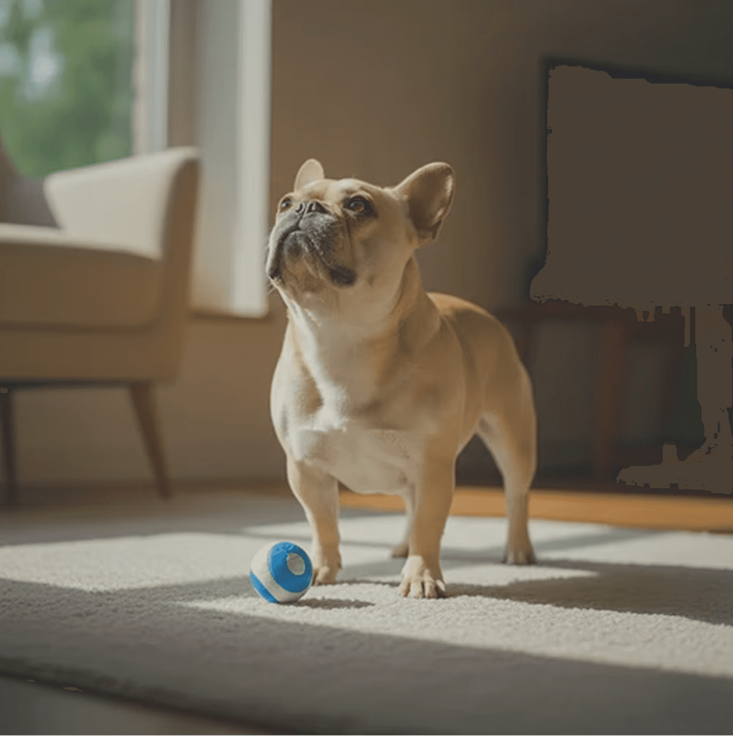 French Bulldog standing on a carpet beside a small toy ball in a sunlit room.