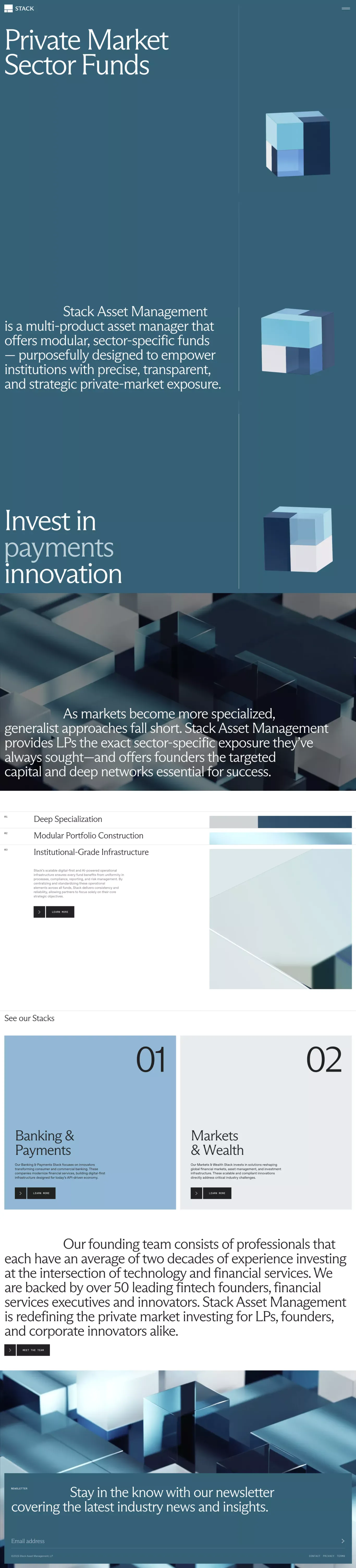 Stack Asset Management landing page screenshot showcasing Finance and Tech design