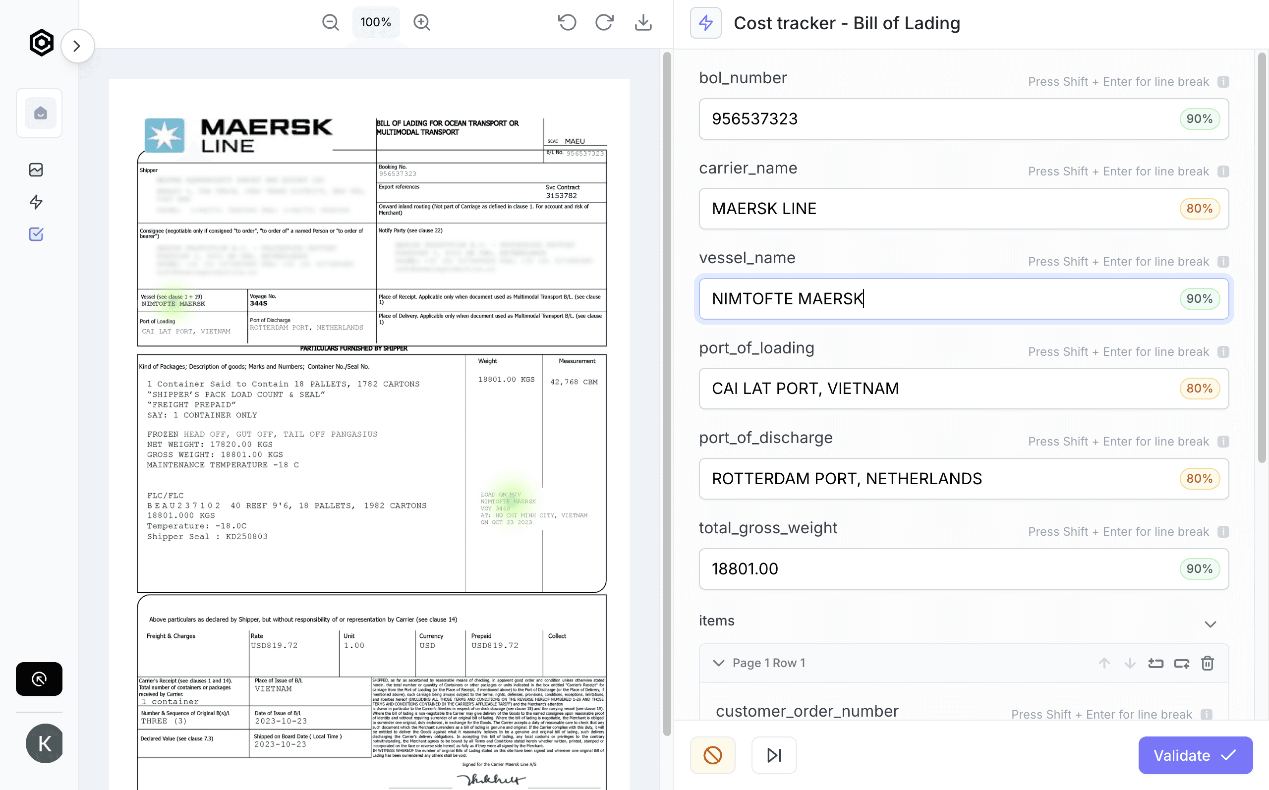 Screenshot of the document and the data extracted from it inside Cradl AI