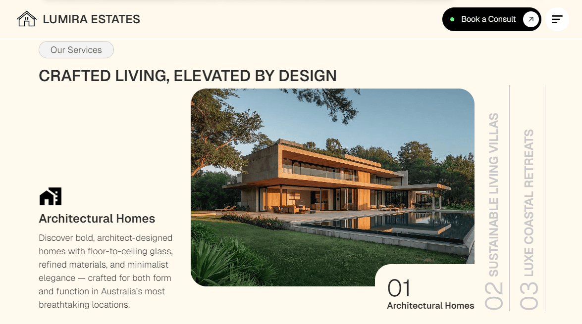 Real estate service icons and features displayed on the website design