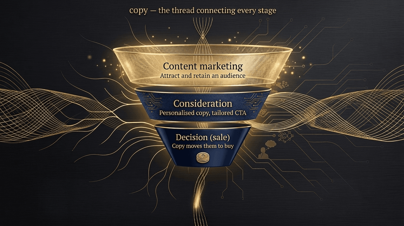 Full-funnel digital marketing funnel graphic titled copy the thread connecting every stage, illustrating content marketing, consideration with personalized copy and tailored CTA, and decision sale stages.