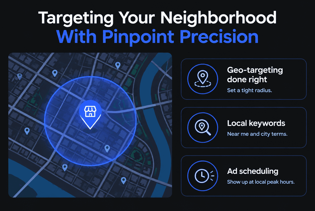 Infographic of local targeting: a map with a radius around a shop, geo-targeting, local keywords and ad scheduling for local peaks