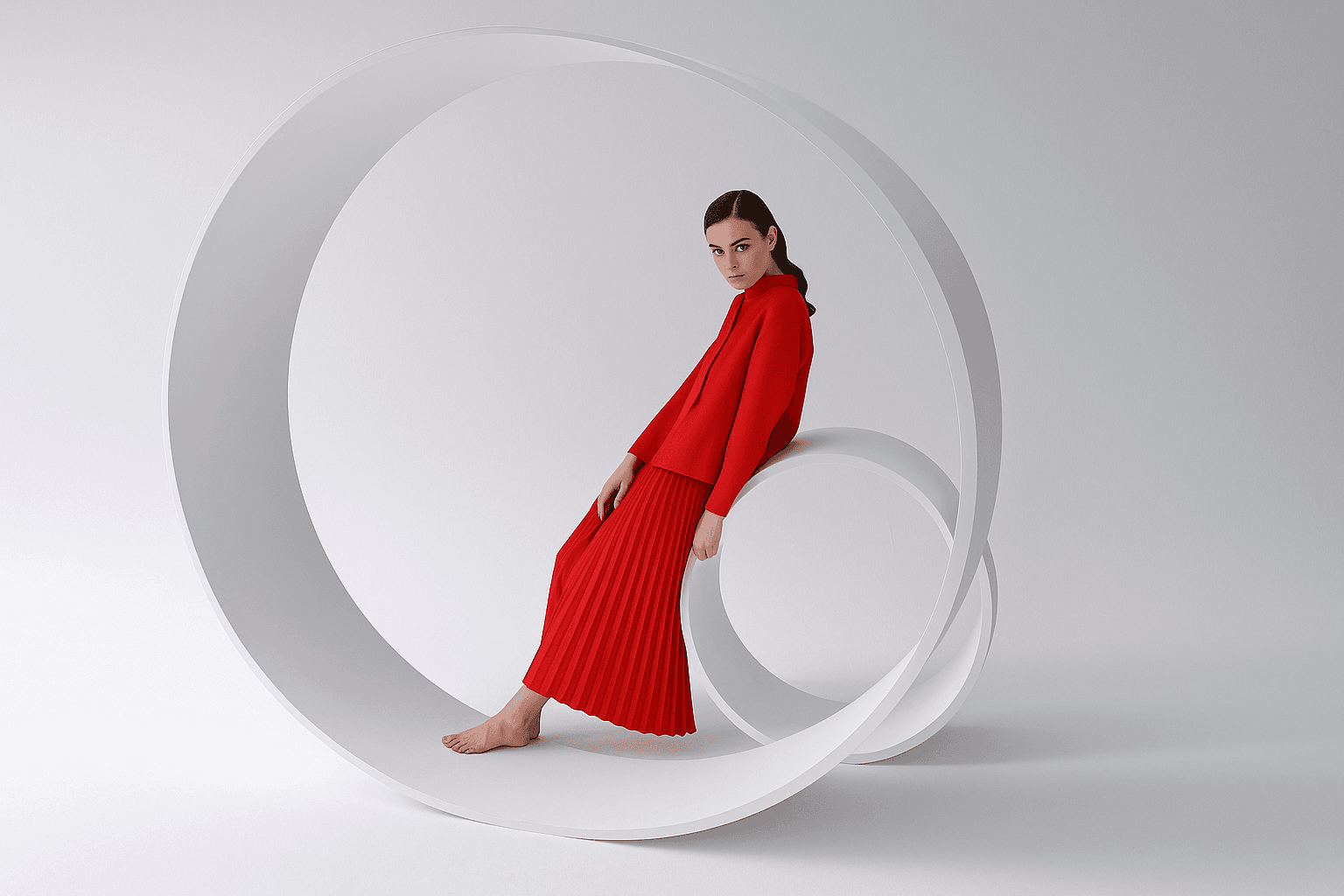 a lady wearing red dress with white background