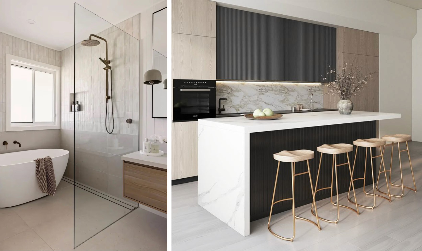 Side by side picture of bathroom and kitchen after remodeling