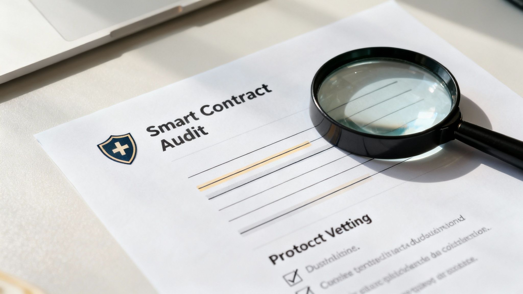 A magnifying glass rests on a document titled 'Smart Contract Audit' with a shield logo.