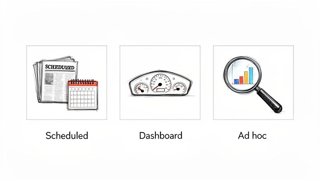 Three illustrations depicting reporting types: scheduled reports, dashboard metrics, and ad hoc analysis.