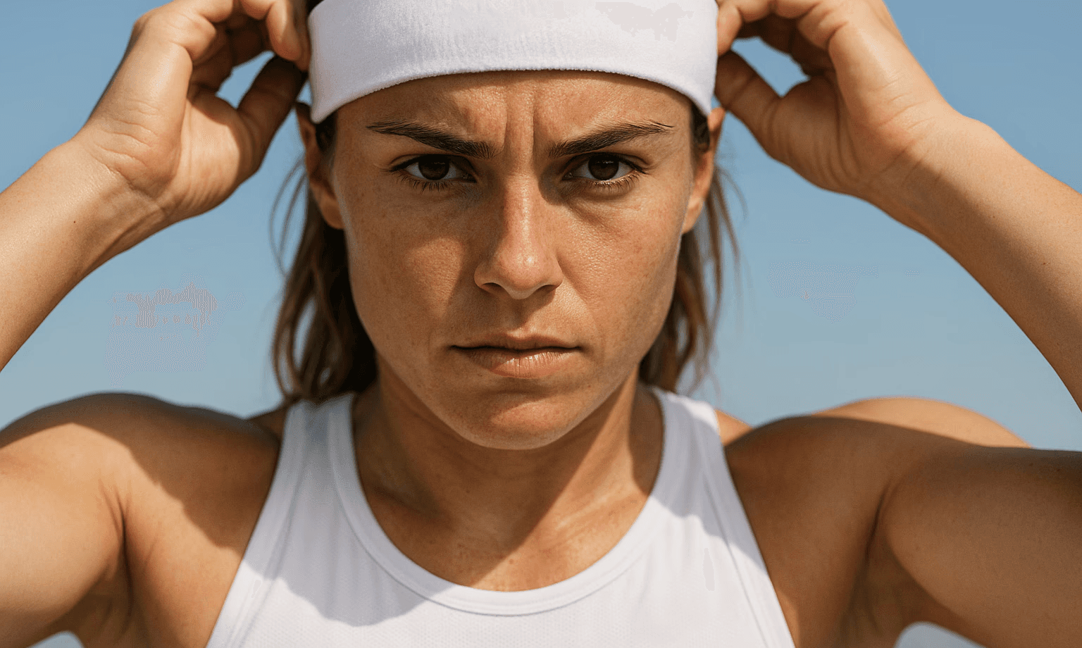 Focused female athlete in a white tank top adjusting her headband, staring ahead under a clear sky.